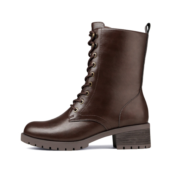Mid Calf Chunky Lace Up Boots - BROWN PU - 1
